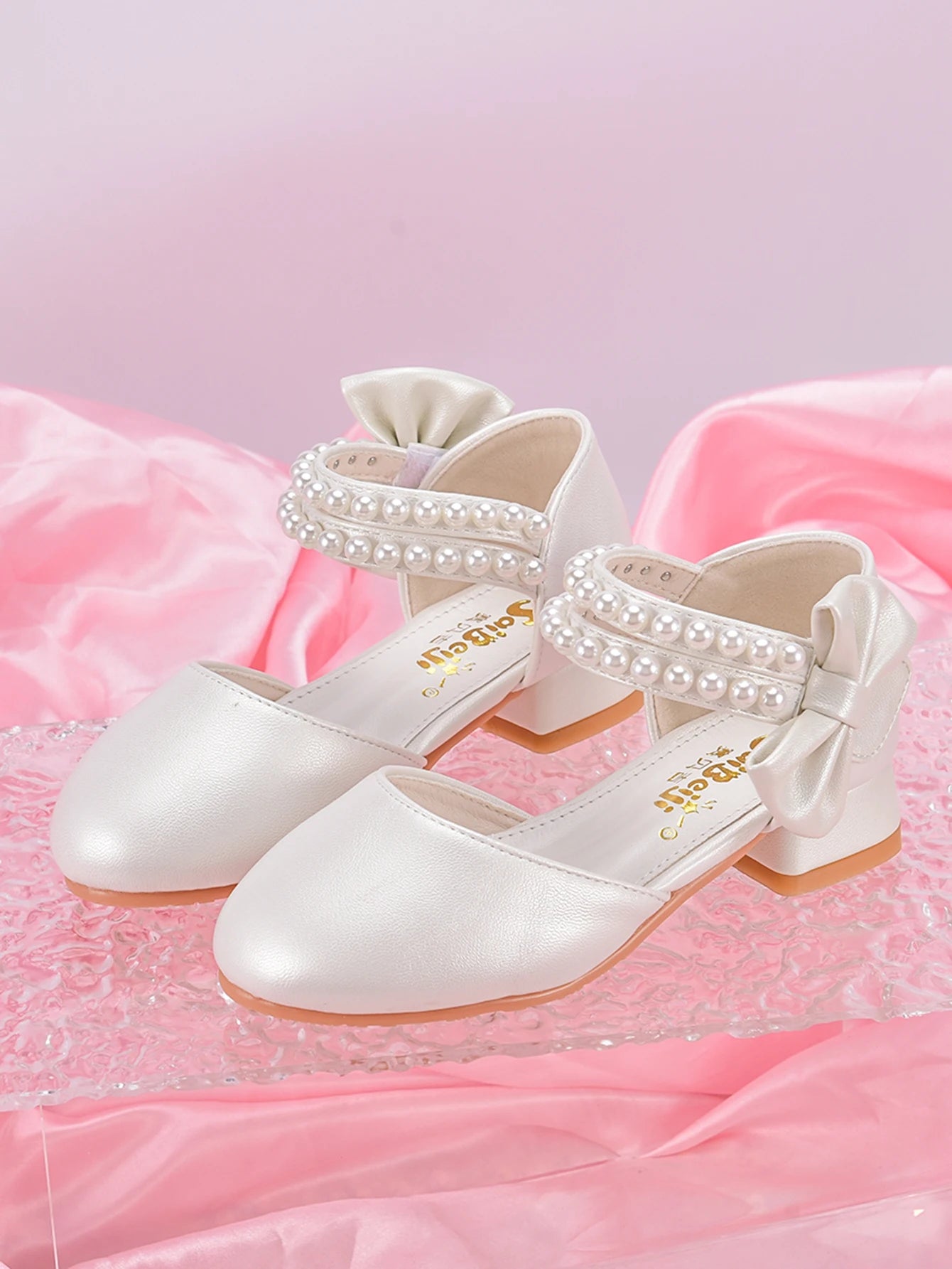 Children's Princess Shoes For Girls, Spring/Summer White Shoes With High Heels And Pearls For Big Kids