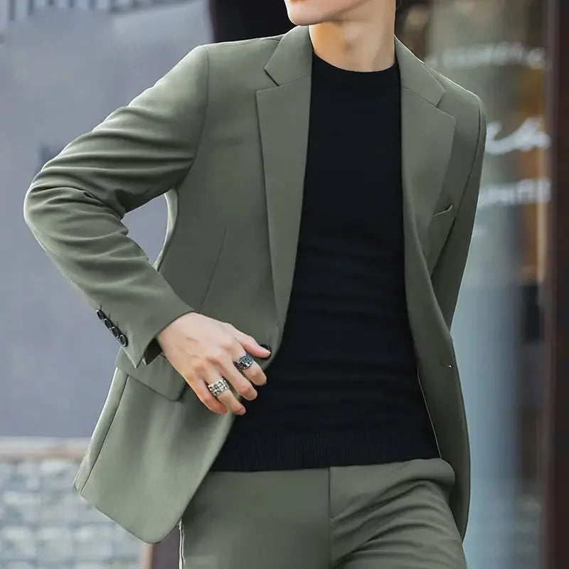 2 Piece Outfit Set Male High Quality 2025 Solid Color Slim Fit Full Men's Suits and Blazers Fashion Pants Luxury Elegant Classic