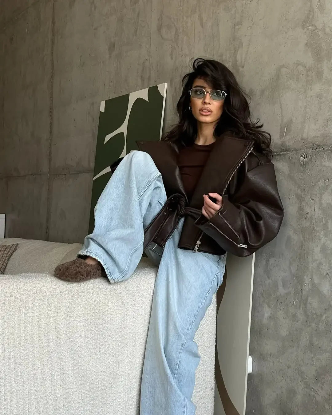 Casual Dark Red  Zipper Leather Short Jackets Women Long Sleeve Lace Up Lapel Loose Button Coat Lady Daily High Street Wear 2026