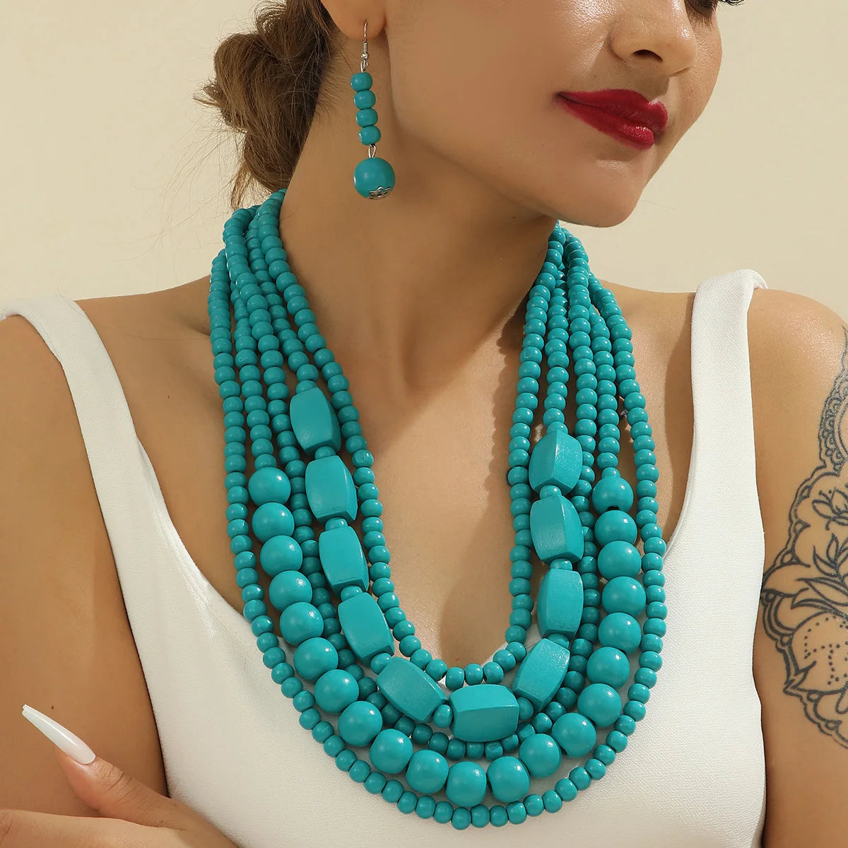Colorful African Style Multi-Layer Wooden Bead Jewelry Sets Chokers Necklace Colorful Bohemian Necklace Earrings Set Party Jewel