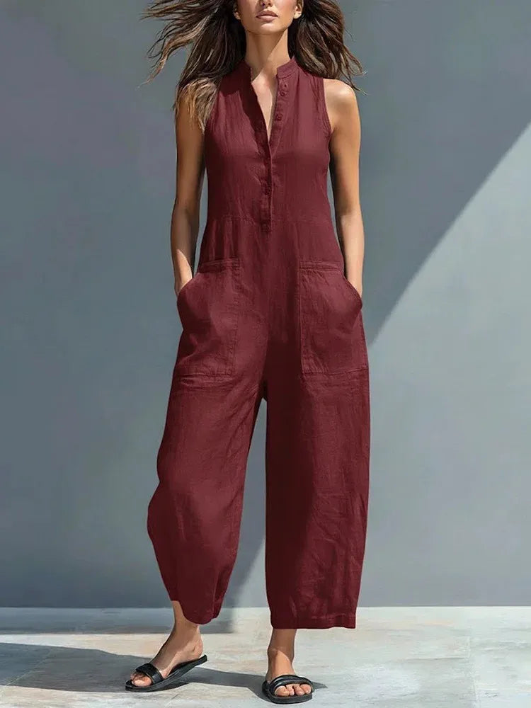 Summer Casual Sleeveless Stand Up Collar Pocket Jumpsuits Women Macacão Feminino Combinaison Femme Monos De Mujer Casuales