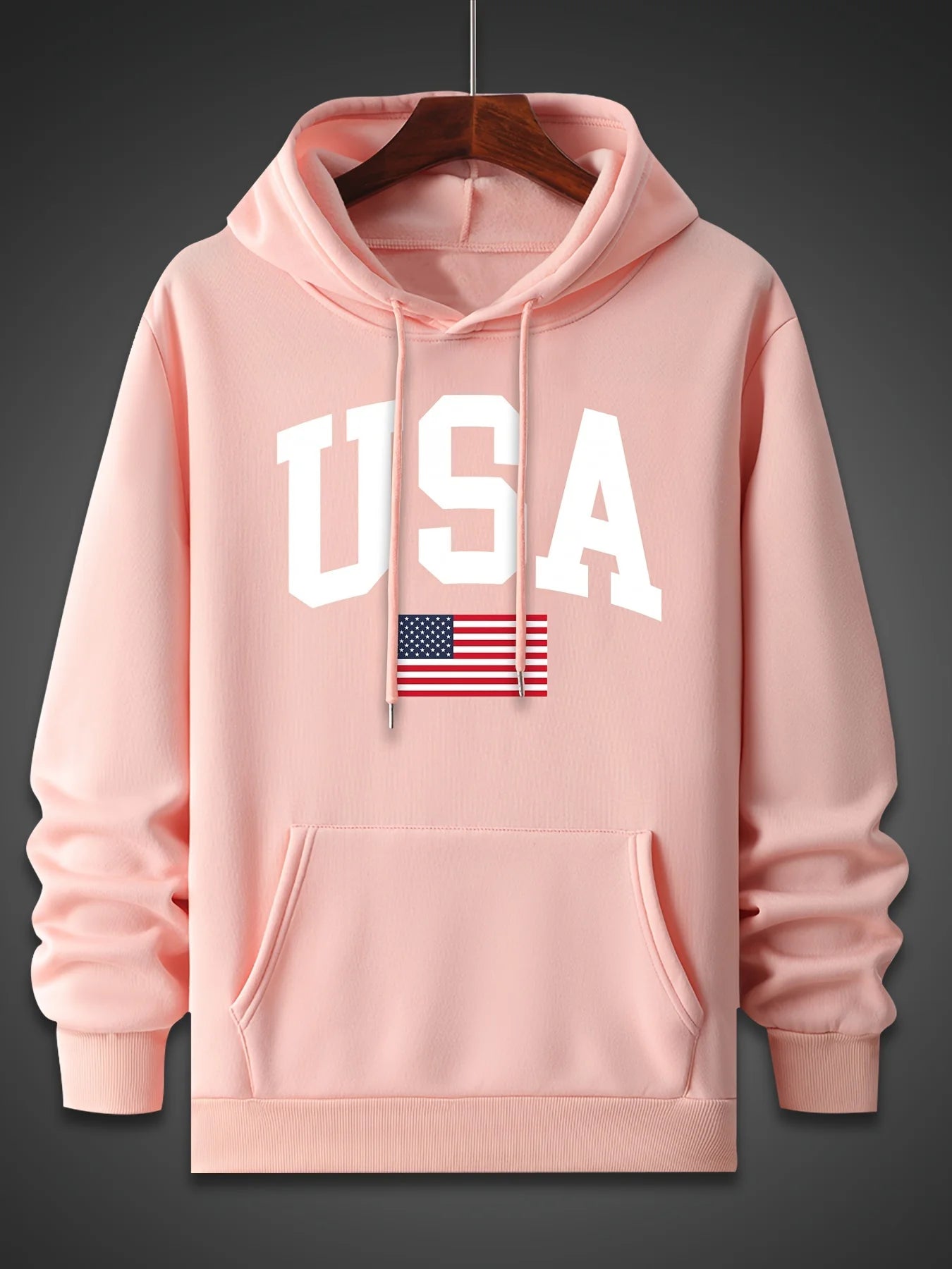 Men's autumn and winter fashionable casual loose oversized USA flag print fleece pullover hooded long sleeved sweatshirt