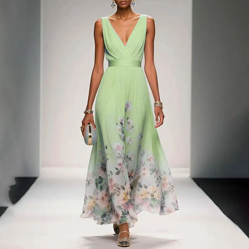 New Fashion Party Dresses Summer Women's Sexy Deep V Neck Floral Print Ruffle Sleeveless High Waist A Line Beach Dress Vestidos