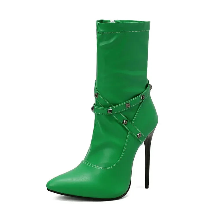 Autumn winter British style fashion high-heeled women's boots pointed toe Rivets party women's shoes high 12cm plus size 34-48