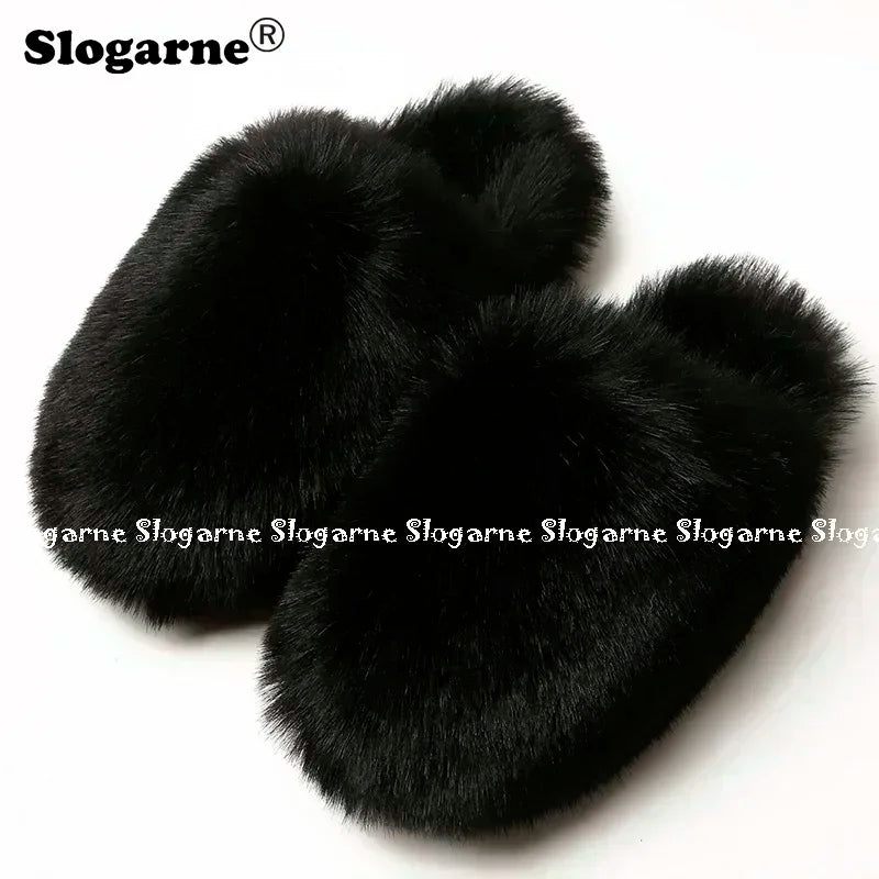 Ladies Winter High Quality Fox Fur Slippers Women Warm Fur Slides Girls Luxury Furry Slippers Soft Comfortable Home Cotton Shoes