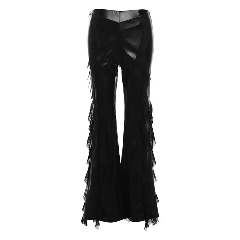 Punk Style PU Leather Pants Gothic Black Lace-paneled Trouser Sexy High-waisted Slim Flared Pants 2026 Summer Women's Clothing