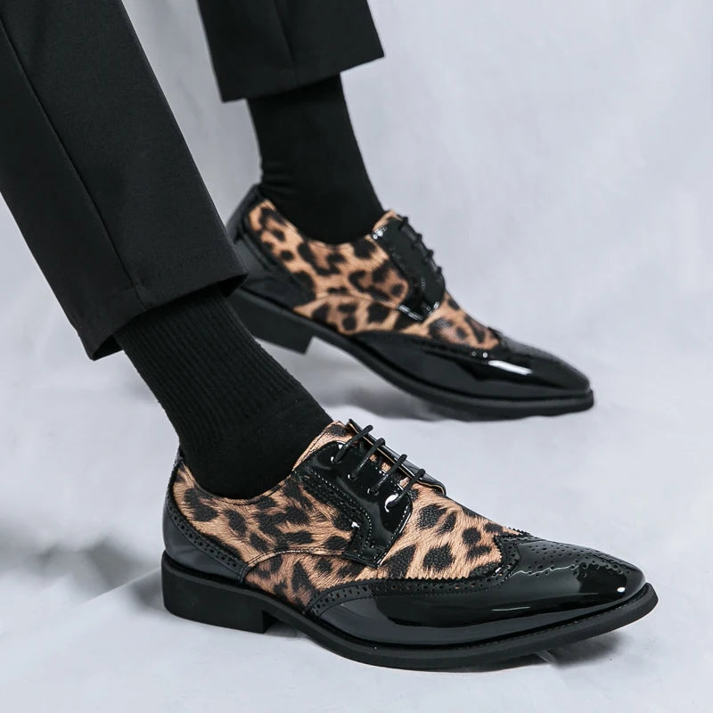 2025 Fashion Leopard Dress Shoes Man Pointed-Toe Lace-up Luxury Man Comfortable Leather Shoes For Men Plus Size 48 Oxford shoes