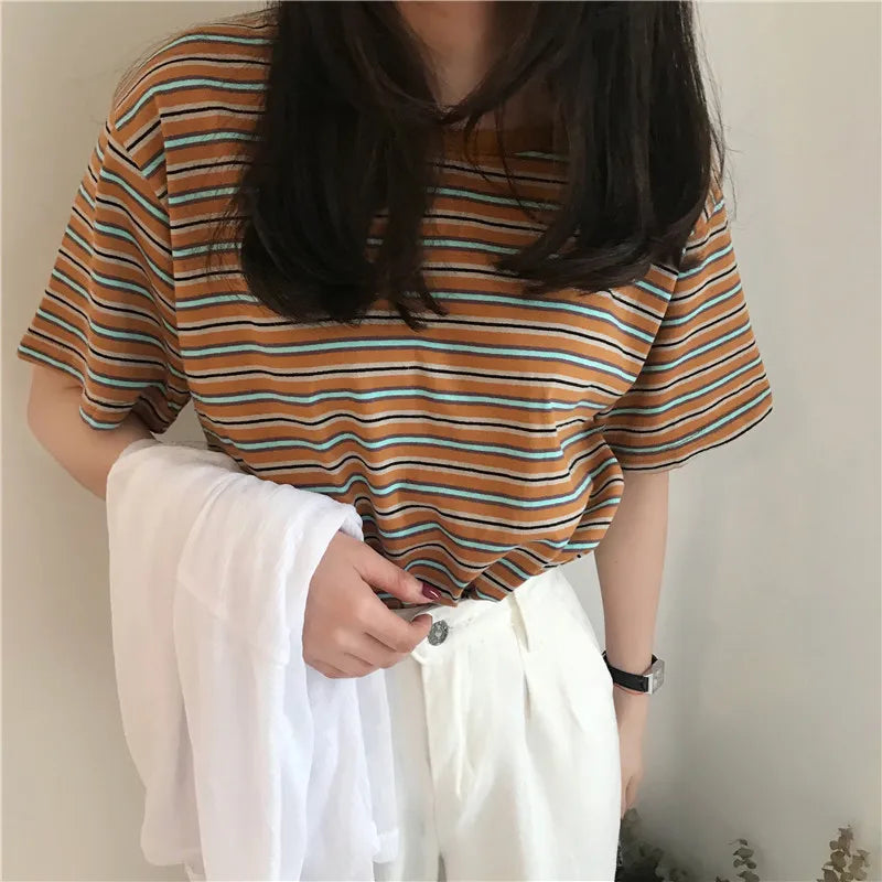 MRMT 2026 Brand New Women's Striped t-Shirts Contrast Color Striped Women t Shirt Loose Woman Bottoming Shirts Tops Tees