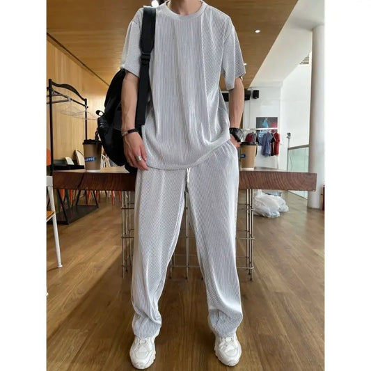 2026 Men Sets Casual Summer Thin Loose Elastic Ice Silk Short-sleeved Top + Trousers Casual Two-piece Men's Suit