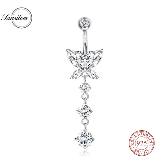 Fansilver 14G Dangle Belly Button Rings S925 Sterling Silver Barbell Belly Rings CZ Opal Body Piercing Jewelry for Women