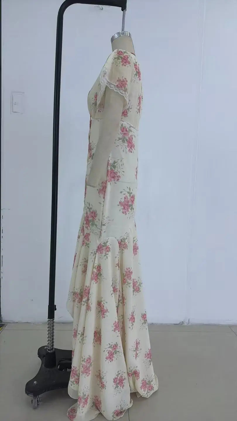 Chic Floral Puff Sleeve Women Maxi Dress Sexy V Neck Button Down Ruffle Slit Vestidos 2026 Summer New Lady Daily Party Sundress
