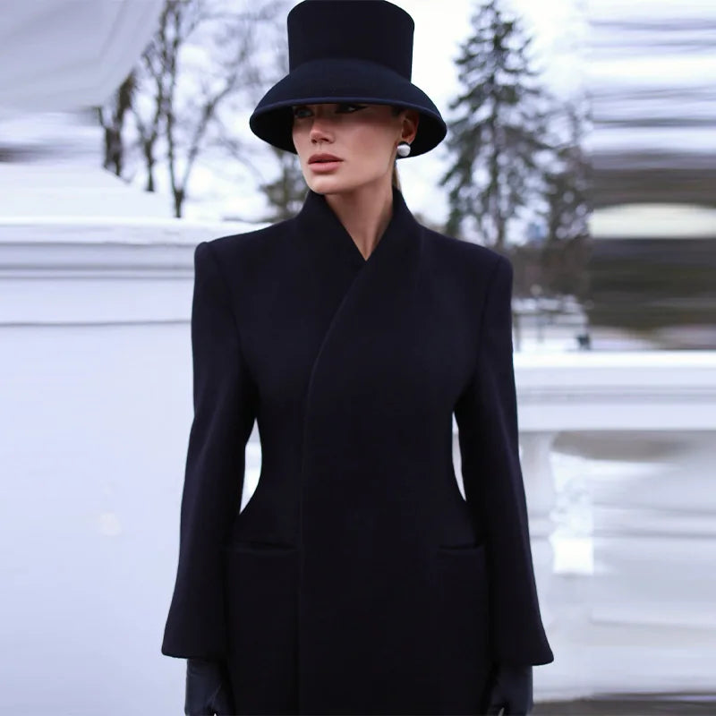 Elegant Long Coat Women V-neck Solid Slim Single-breasted Waist-closed Jackets Lady 2026 Spring Chic Female Streetwear