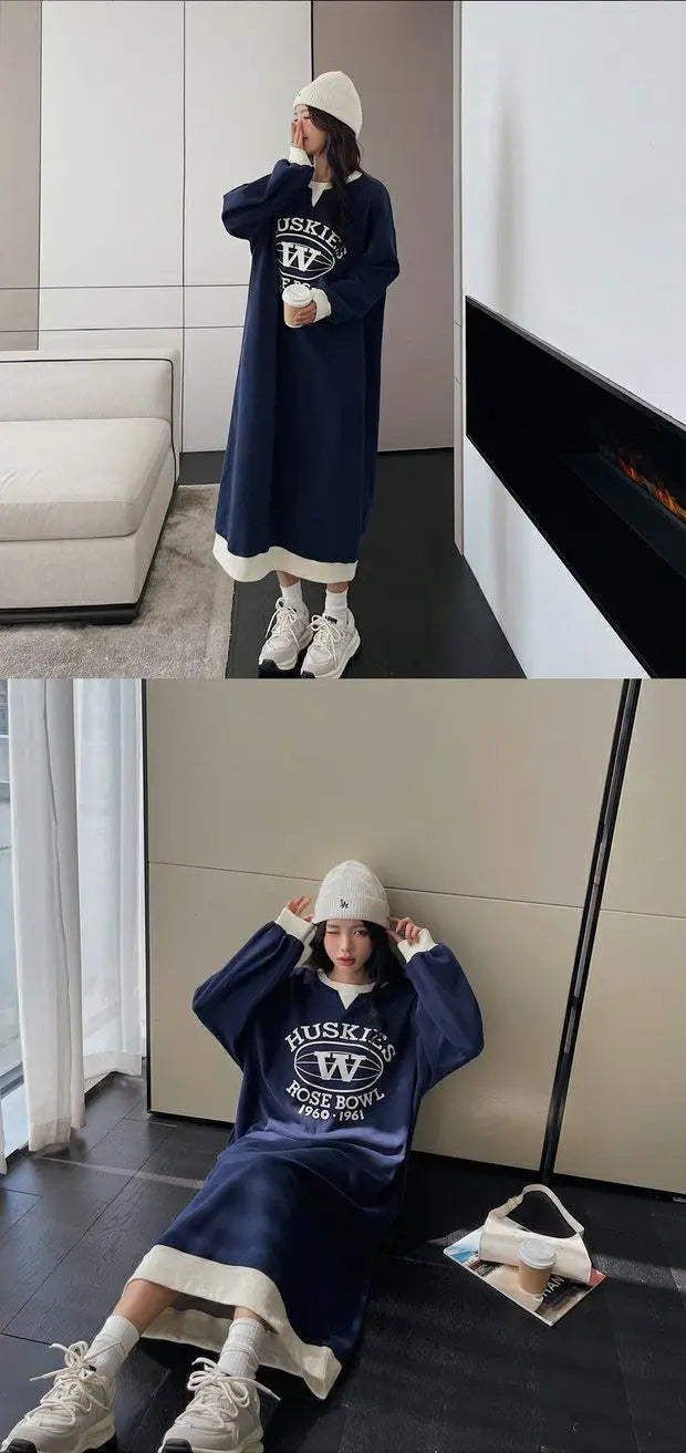 Autumn Winter Fashion Print Letter Fleece Long Dresses Women Round Neck Loose Casual Versatile Warm Simple Long Sleeve Dress