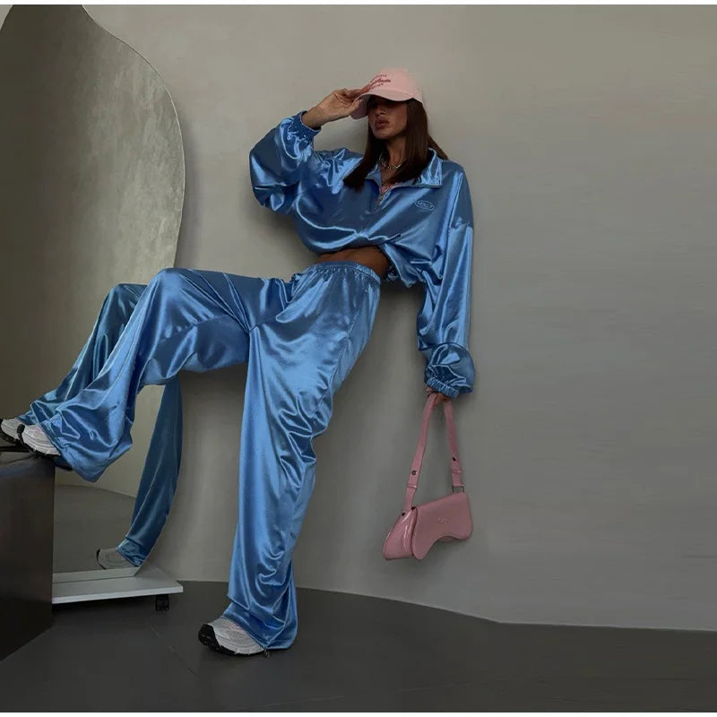 2026 Spring Satin Embroidered Zip-Up Jacket Wide Leg Pants Set Oversized Slouchy Women 2 Pcs Outfit Cool Lady Co-ord Streetwear