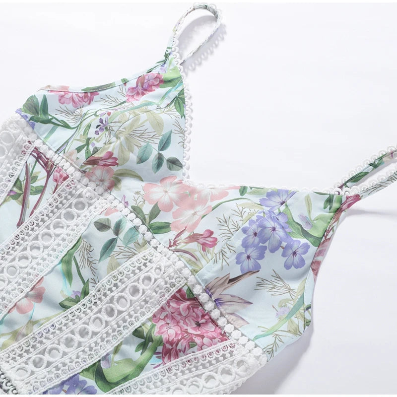 Floral Print Women Mini Skirt Set Lace Sleeveless Hollow Out Cami Shirred Waist Ruffle Hem Short Skirts 2026 Summer Chic Suit