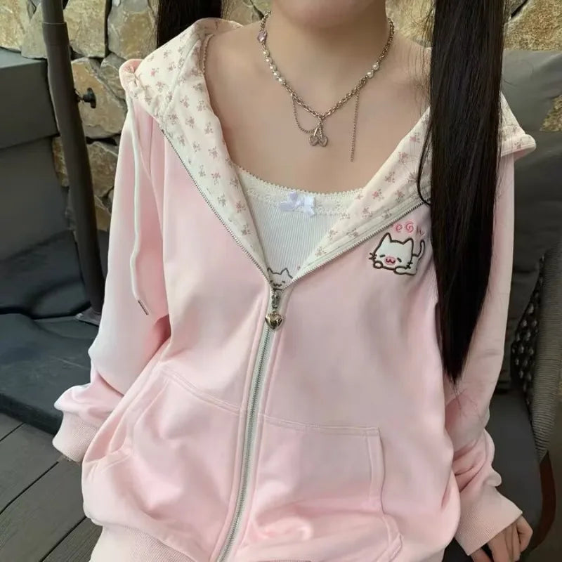 Harajuku Korean  Kawaii Hooded Coat Women Thin Long Sleeve Zipper Cardigan Y2K Streetwear New Mid-length Loose Jackets