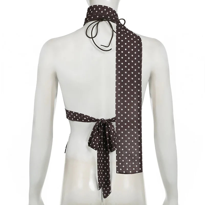 Summer Y2K Women's Polka Dot Print Sleeveless Vest Vintage Camisole with Spaghetti Strap Scarf Streetwear Top