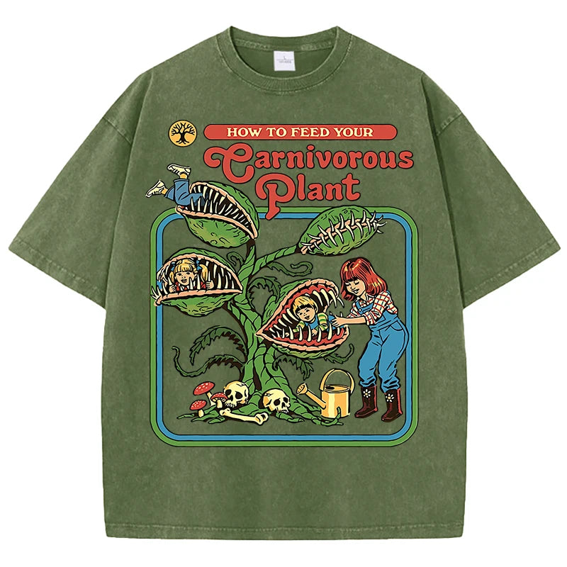 Earnivorous Plant Pattern Washed T-Shirts Men Breathable Cotton Casual T Shirt Soft Summer Comfortable Crewneck Short Sleeve