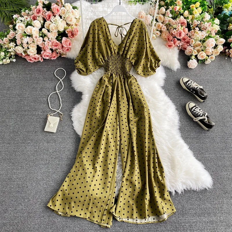 V Neck Sexy Dolman Sleeves Waist Slim Floral Print Jumpsuit Women Wide Leg Trousers Jumpsuit