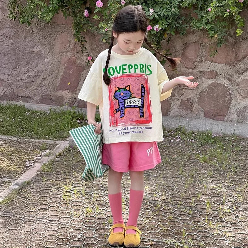 2026 New Children's casual Set Summer fashion girls' internet-famous sporty short-sleeved pants summer wear 4-14Years old girls