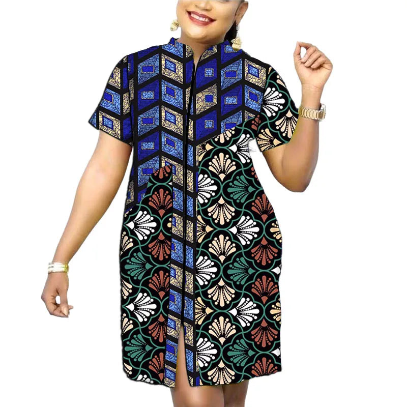 Original Design African Print Women’s Dress Stand Collar Frock Tailored Traditional Party Wear Retro Patchwork Designs