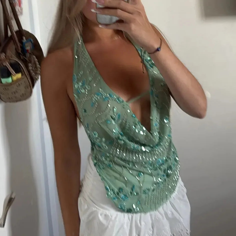 hirigin Sexy Glitter Sequin Tank Tops Women Y2K Fashion Deep V-neck Hollow Out Cropped Tops Tee Summer New Backless Beach Tops