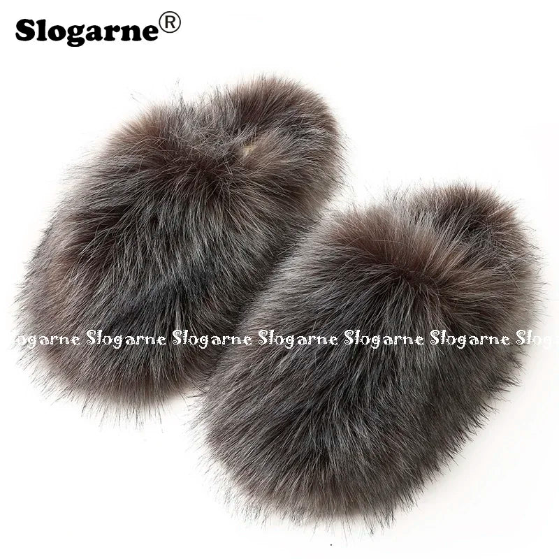 Ladies Winter High Quality Fox Fur Slippers Women Warm Fur Slides Girls Luxury Furry Slippers Soft Comfortable Home Cotton Shoes
