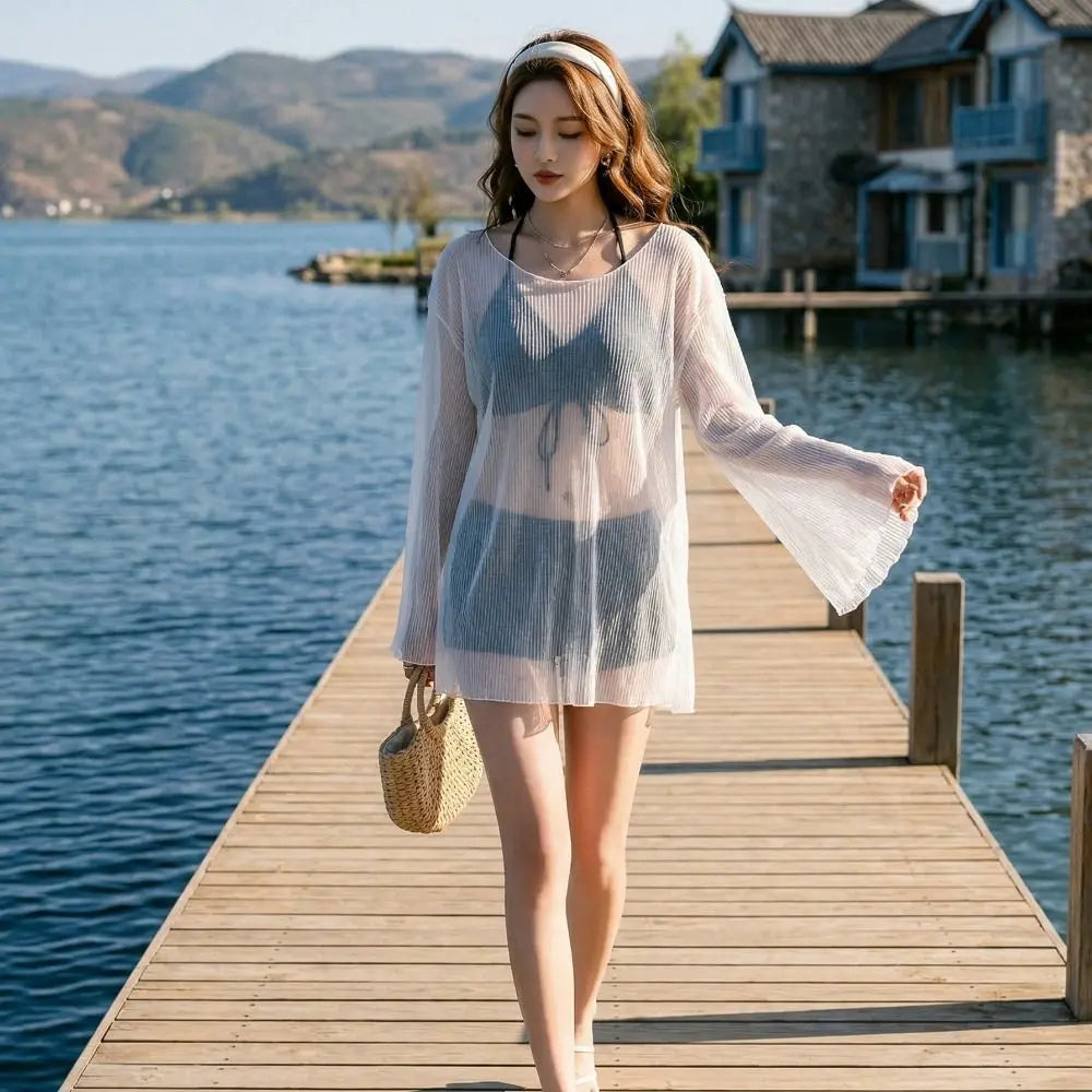 Simple Beachwear Ruffles Bikini Set Slim Fit Lace-up Swimming Suit Transparent Pullover Sun Protection Bathing Suit For Women
