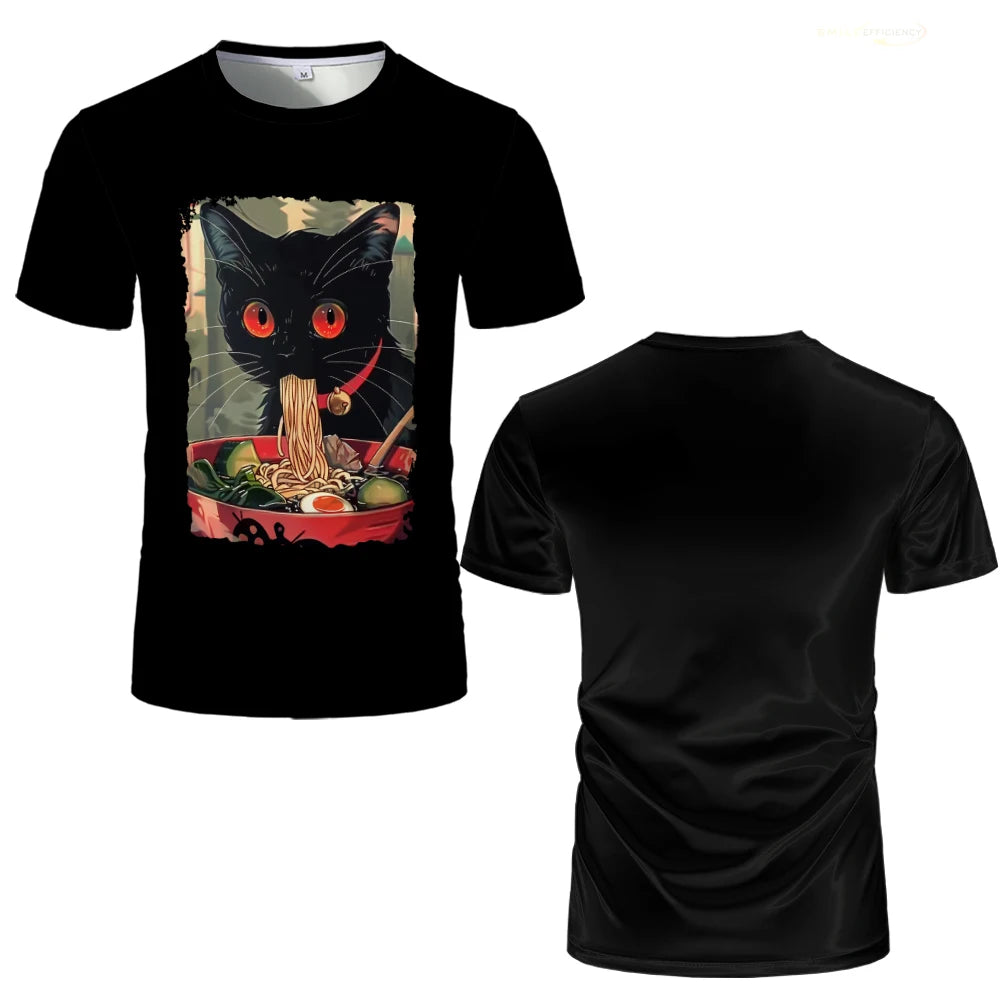 Japanese Anime-Style Ramen Black Cat Graphic T-Shirt Kawaii Animal Print Casual Daily Home Tees Classic O-Neck Short Sleeve Tops