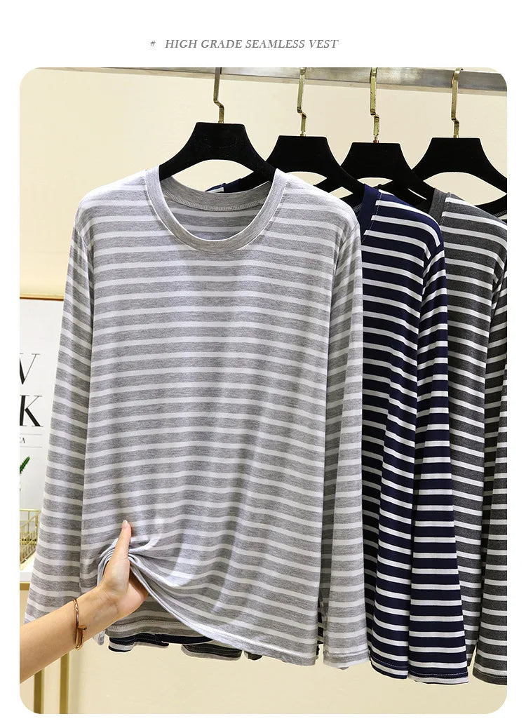 Spring Men Striped T-Shirt Loose and Versatile Sleepwear Round Neck Long Sleeved Top Casual Plus Size Simple Pajamas Homewear