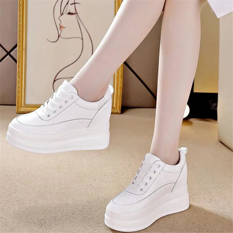 New Spring Autumn White Hidden Wedge Heels Casual Shoes Woman 9CM Platform Shoes Elevator High-heels Walking Sneakers Women