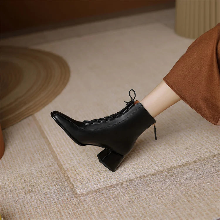 2026 Fashion Women Shoes Split Leather Short Boots Square Toe Chunky Boots Winter Shoes Women Solid High Heel Boots for Women