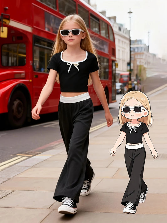 Kids Girls 2-Piece Casual Outfit, Square Neck White Bow Short Sleeve Crop Top & White Waistband Wide Leg Pants Set