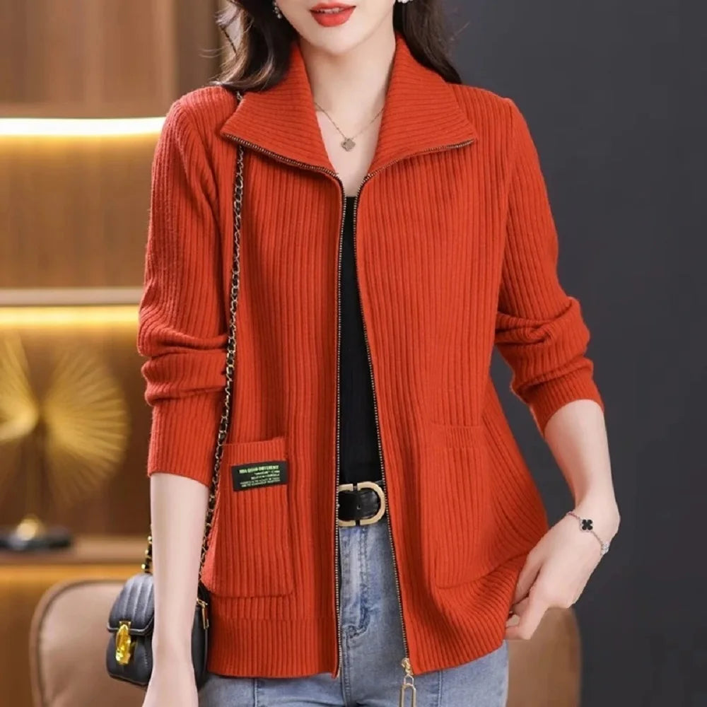Knitted Cardigan Jacket Women Zipper Lapel Sweater Autumn Winter Outerwear