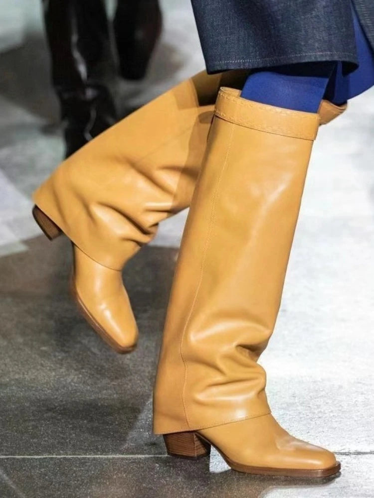 Elegant Temperament of European and American Women, Thick High Heels, Skirt Hem, Knee High Boots, Oversized Retro Knight Boots