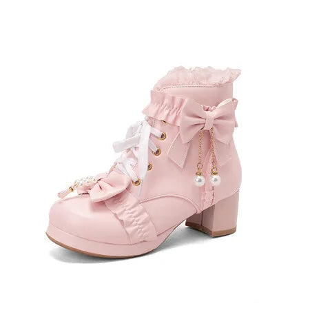 Lolita Great Quality Block High Heels Women Ankle Boots White Shoes Lace Decor Lace Up Chunky Heeled Bow Boots for Women Verclo