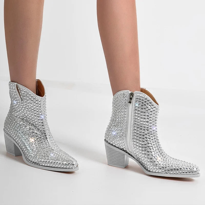 Onlymaker Pointed Toe Rhinestone Ankle Boots Glitter Bling Shiny Super Pretty Gorgeous Artificial Diamond Westen Cowgirl  Boots