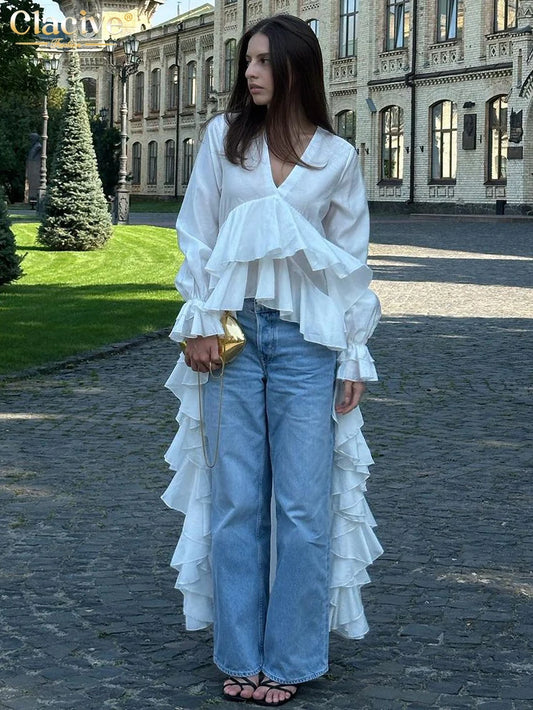 V-Neck Ruffle Irregular Long Sleeve Blouse