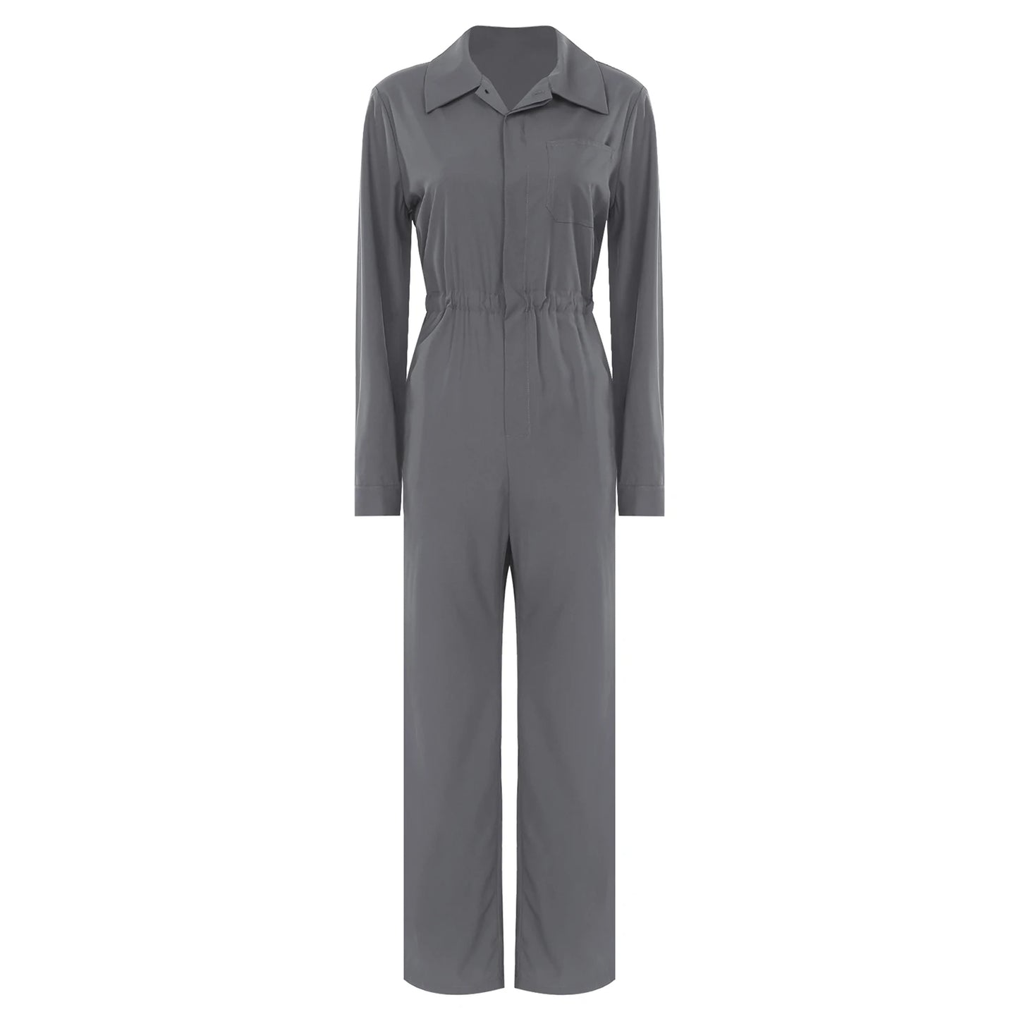 Womens Coverall Solid Color Turn-Down Collar Long Sleeve Button Jumpsuit Mechanic Work Overalls Fashion Casual Cargo Rompers