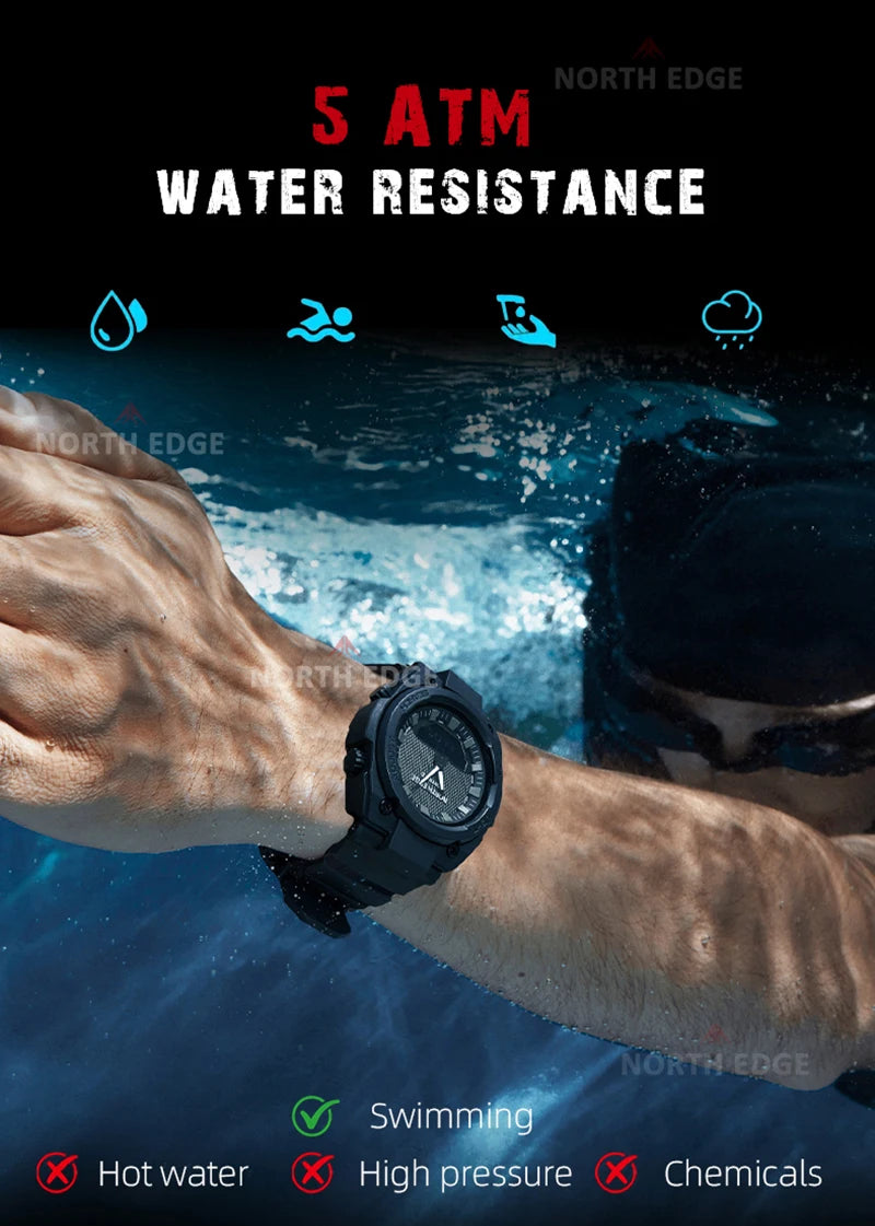 NORTH EDGE FORTRESS 2026 Men's Military Digital Watch Outdoor Sports Waterproof 50M Watches World Time Countdown LED Wristwatch