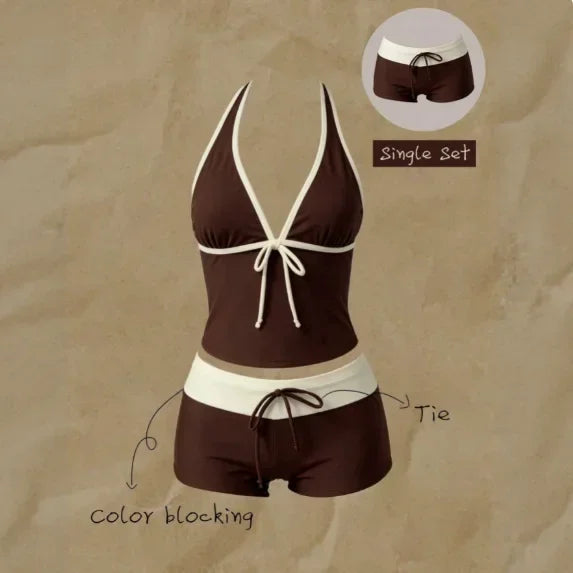 Womens Holiday Seaside Swim Sets 2-Piece Halter V-Neck Tie Strap Tankini Bodycon Contrast Waistband Beach Swimming Clothes
