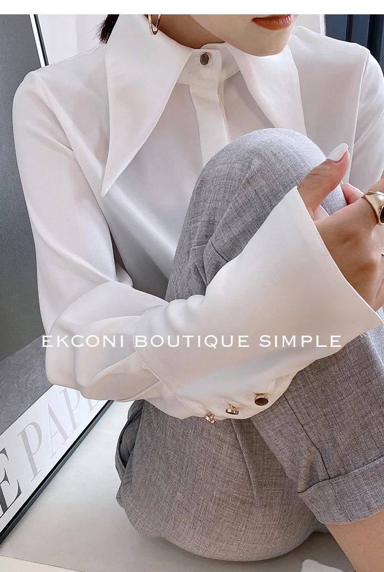 Stylish Elegant Turn Down Collar White Long Sleeve Satin Shirts Fashion Woman Vintage Blouse 2024 Office Lady Tops Blusas 16946