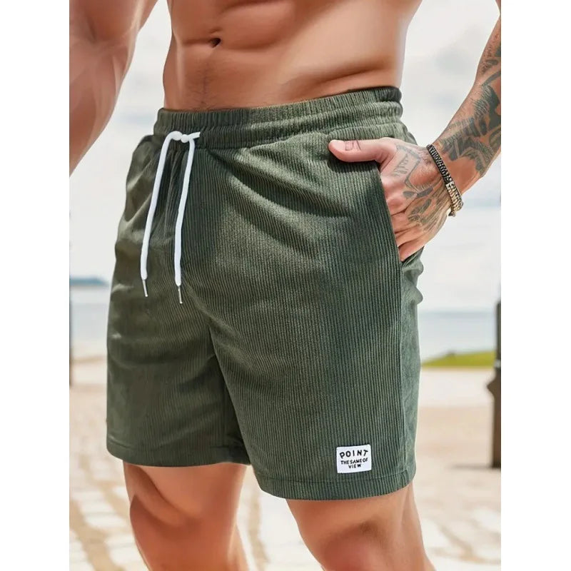 Men's Workwear Shorts Summer Casual Corduroy Loose Elastic Waist Multi-Pocket Leisure Pants Embroidery Retro Style Male Trousers