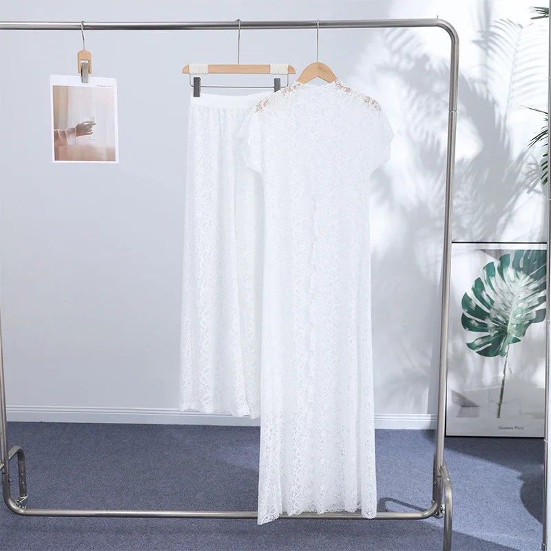See Through Lace Vest Pant Set Women Beach Sling  Tops Pleated Straight Pants 2026 Summer Vacation Hollow Out Lady Suits