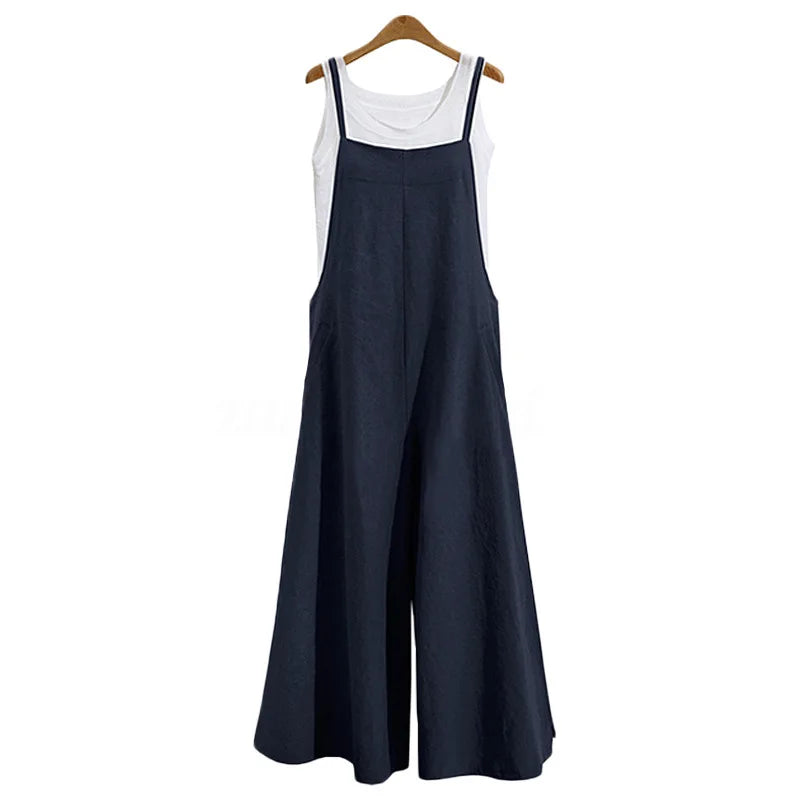 Women Loose Casual Playsuit Trousers Wide Leg Pants Overalls Baggy Romper Lady Chic Summer Sleeveless Cotton Loose Jumpsuits 5XL