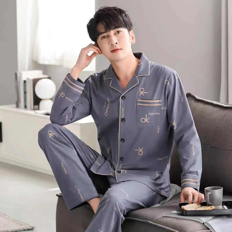 Pajamas for Men Spring and Autumn Long-Sleeved Young Men's Simple Casual Lapel Autumn and Winter Home Wear Set
