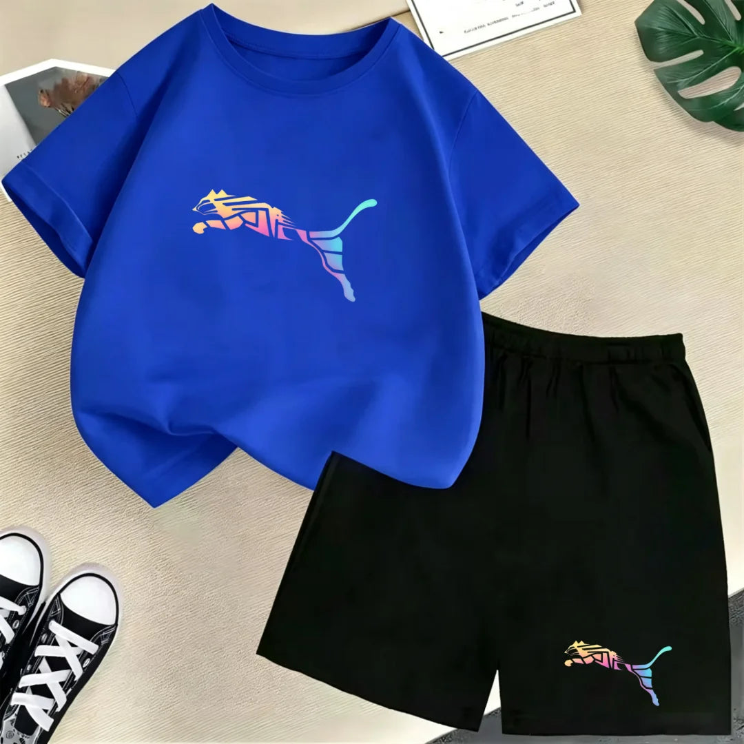 Kids Summer Casual Round Neck T-shirt Colorful Gradation Animals Boy Girl3-12Yrs Short-Sleeved+Shorts Fashion Sports Clothes Set