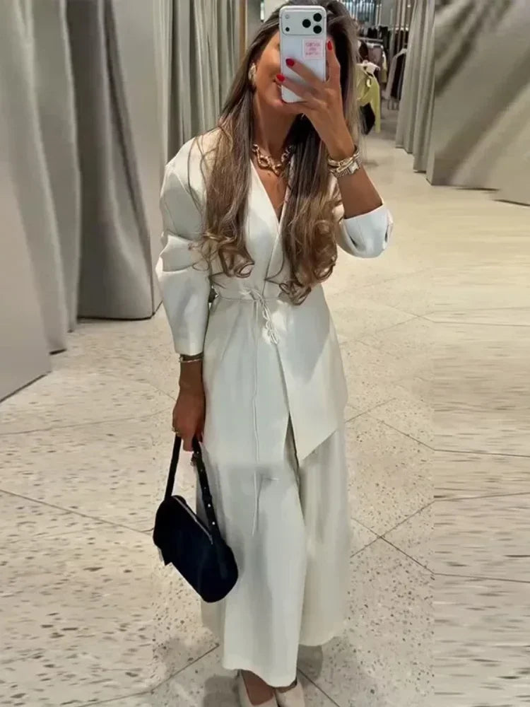 Women Elegant Solid Lace-up Blazer Set Lady Chic V-neck Full Sleeve Loose Coat Wide-leg Pants Suit 2026 Casual Commute Outfit
