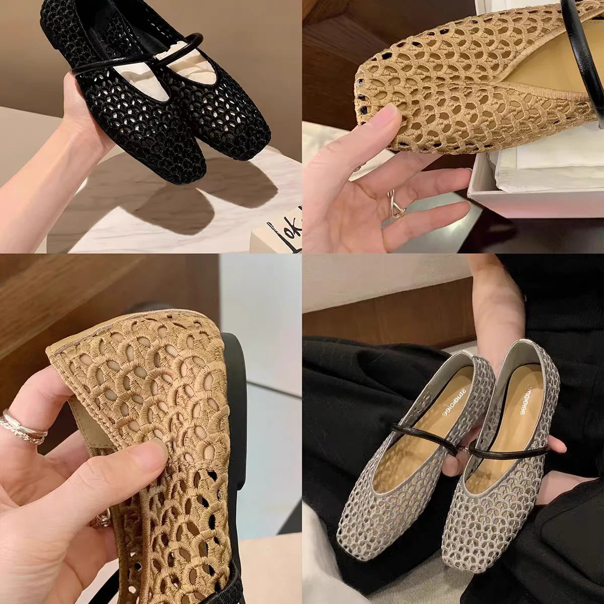 2025 zapatos de Ballet de malla hueca para mujer, sandalias transpirables Mary Jane con cabeza cuadrada, calzado con correa