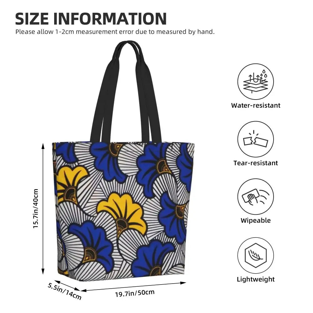 African Ankara Prints Grocery Shopping Tote Bags Women Geometric Ethnic Art Canvas Shoulder Shopper Bags Big Capacity Handbag